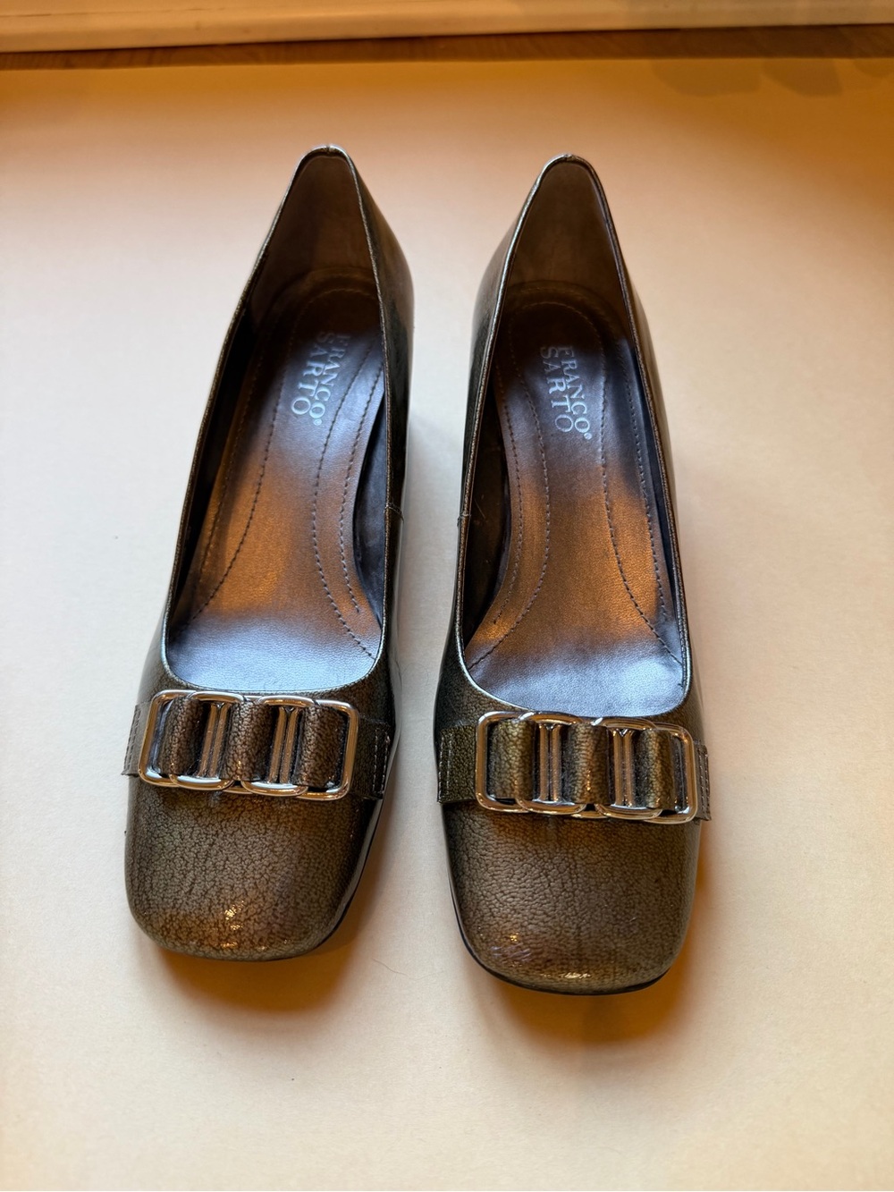 Franco Sarto Metallic Pewter Square Toe Pumps Buckle Block Heel Women’s 9M